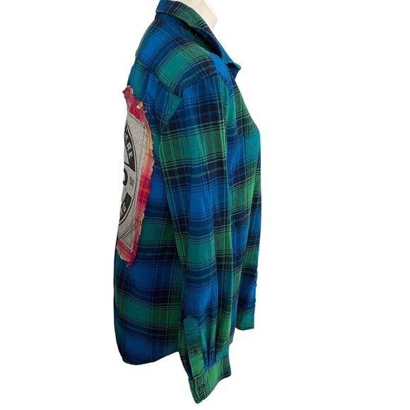 Upcycled Flannel Shirt Womens Medium Shacket Jeep Green Plaid Mechanic Off Road - Picture 5 of 16